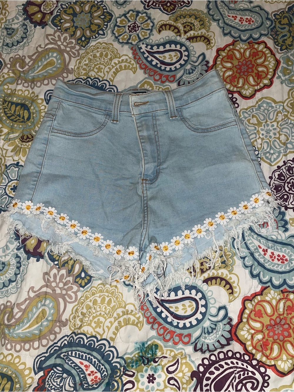 Fashion Nova Light Blue Denim Shorts with Daisy Trim